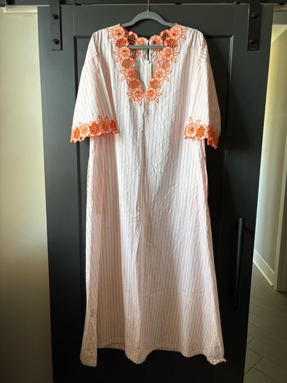 Fanm Mon Defne Striped White and Orange Embroidered Caftan